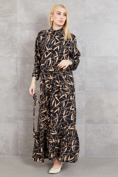 Desenli Viskon Elbise Siyah