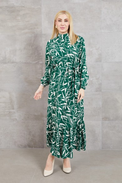 Desenli Viskon Elbise Yeşil