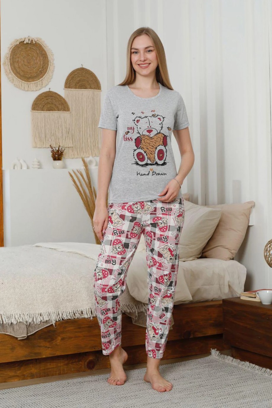 Baskılı Pijama Takımı Gri