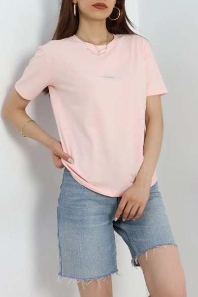 Baskılı Bisiklet Yaka Penye Tişört Tozpembe