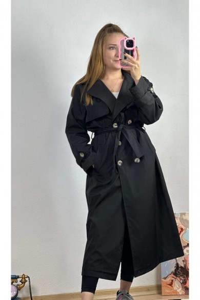 Kruvaze Yaka Düğmeli Trençkot Siyah