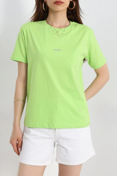 Baskılı Bisiklet Yaka Penye Tişört Açıkyeşil