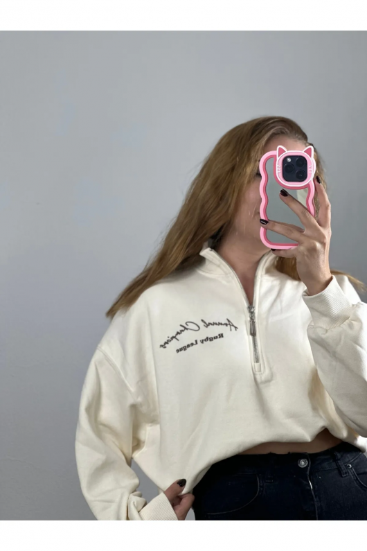 Dik Yaka Fermuarlı Crop Sweat