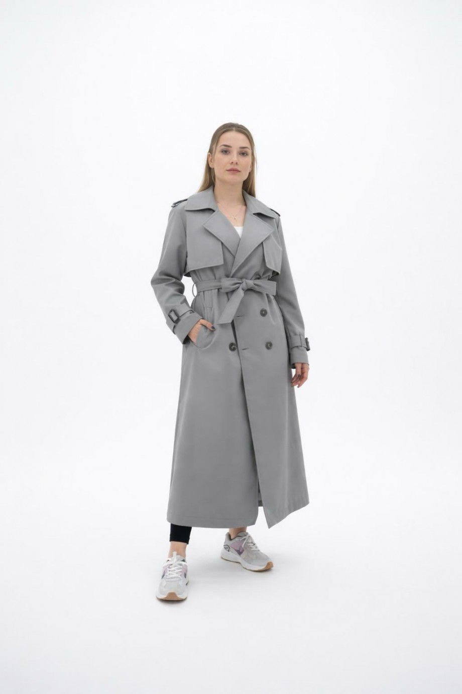 Kruvaze Yaka Düğmeli Trençkot Gri