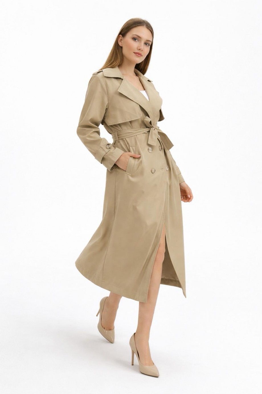 Kruvaze Yaka Düğmeli Trençkot Bej