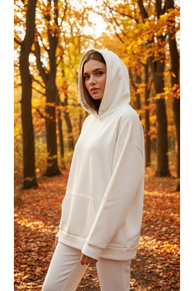 Üç İplik Şardonlu Hoodie Sweatshirt  Beyaz