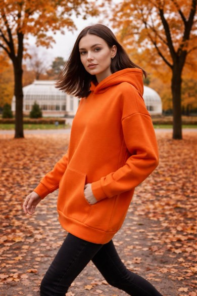 Üç İplik Şardonlu hoodie Sweatshirt  turuncu ipliksiz