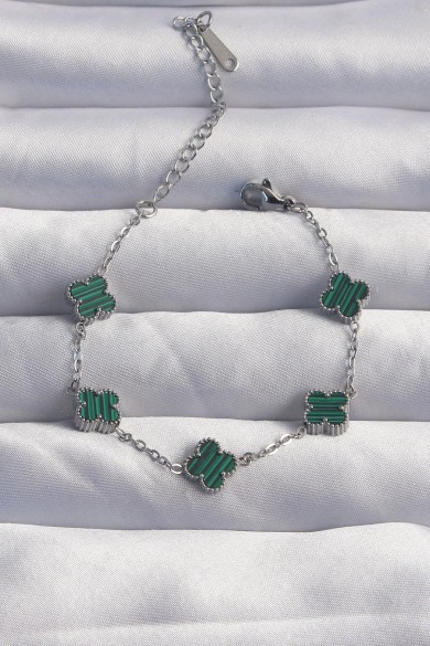 Baby Yonca Bileklik | Çizgili Yeşil Mineli – 316L Çelik Silver