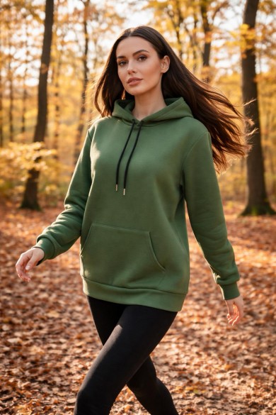 Üç İplik Şardonlu hoodie Sweatshirt Koyu yeşil