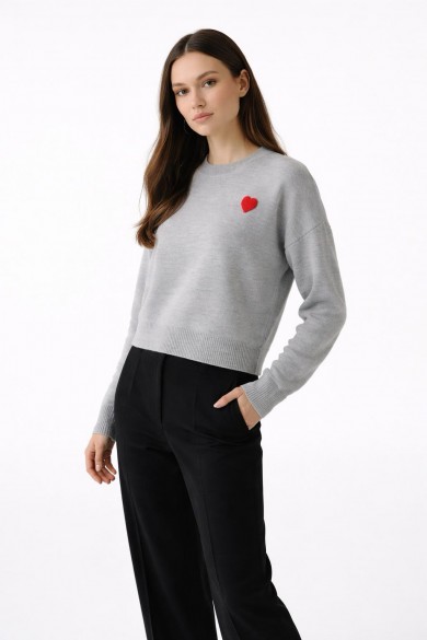 Bisiklet Yaka Triko Kazak Gri kırmızı