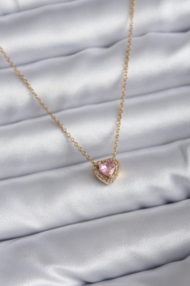 Charm Kolye | Pembe Zirkon Taşlı – 316L Çelik Gold