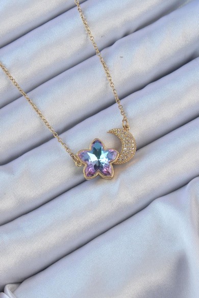 Ay & Çiçek Figürlü Kolye | Renkli Zirkon Taşlı – 316L Çelik Altın