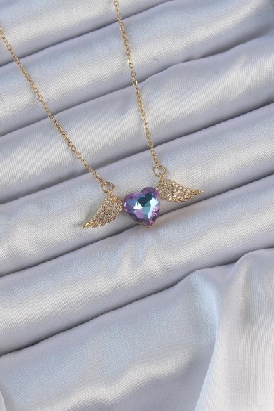 Kanatlı Kalp Kolye | Mavi & Mor Zirkon Taşlı – 316L Çelik Altın