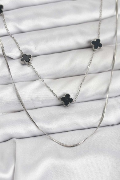 İtalyan Zincirli Yonca Kolye | Siyah Detaylı – 316L Çelik Silver