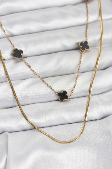 İtalyan Zincirli Yonca Kolye | Siyah Detaylı – 316L Çelik Gold