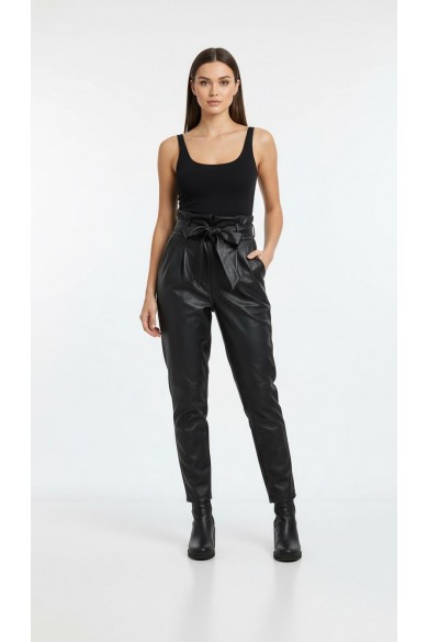 Suni Deri Yüksek Bel Kemerli Pantolon Siyah