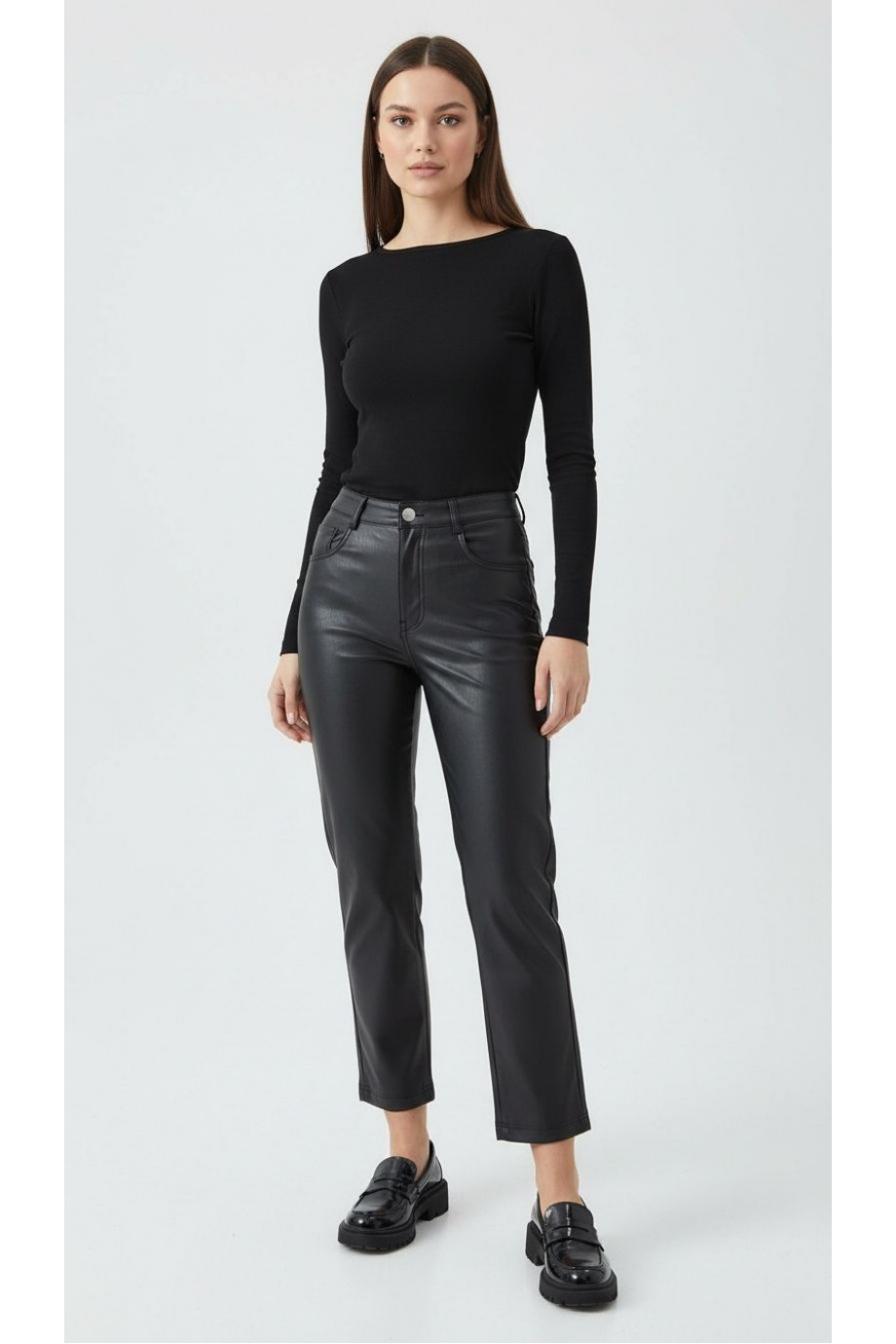 Suni Deri Yüksek Bel Cepli Pantolon Siyah