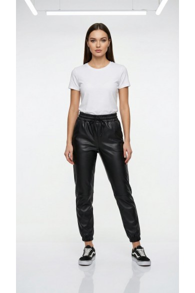 Suni Deri Paçası Lastikli Pantolon Siyah