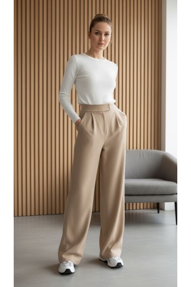 Palazzo Pantolon Likralı Cırt Kapama Bej 