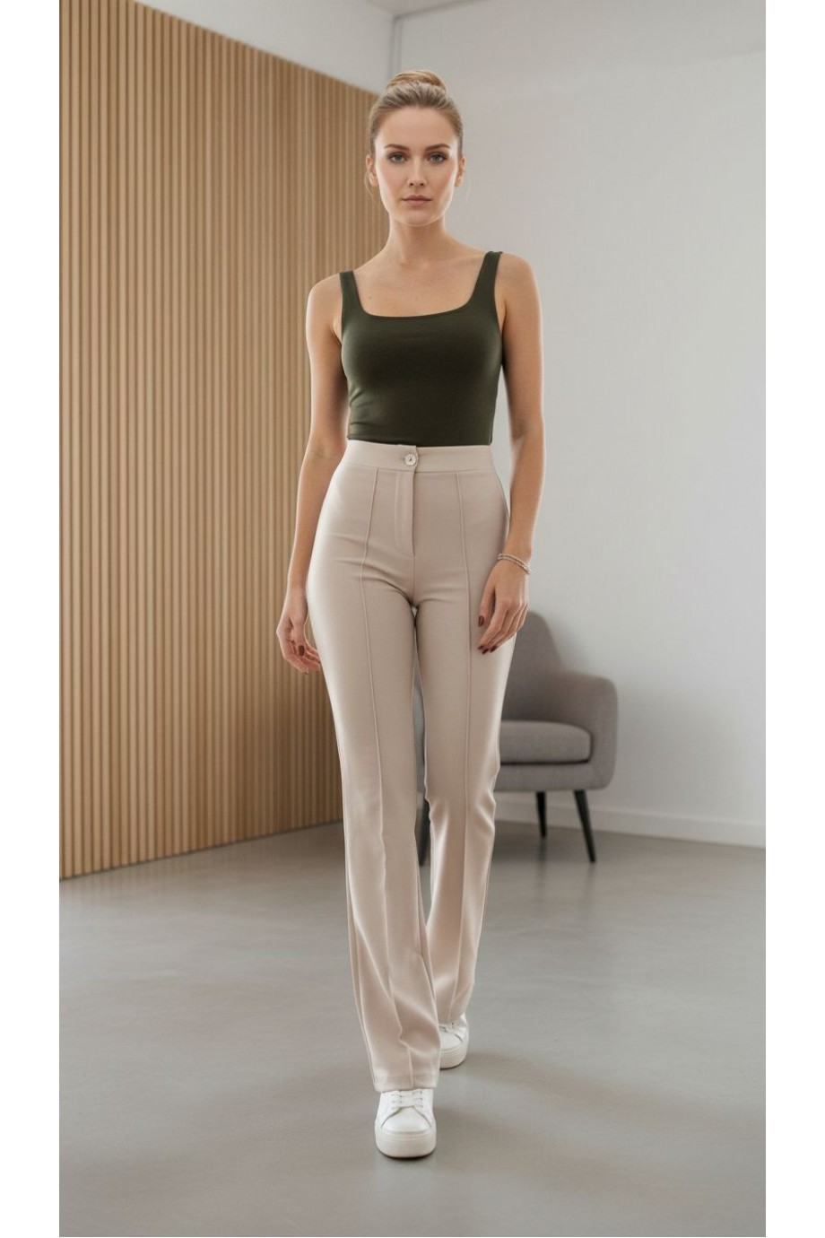 Straight Likralı Bej Pantolon