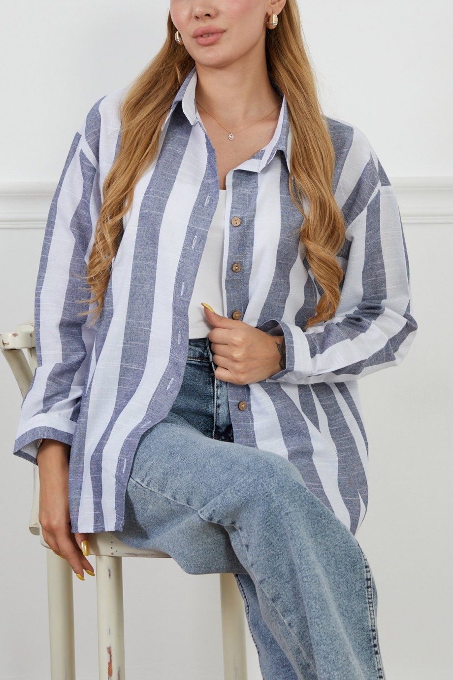 Çizgili Salaş Uzun Kol Gömlek  Gri