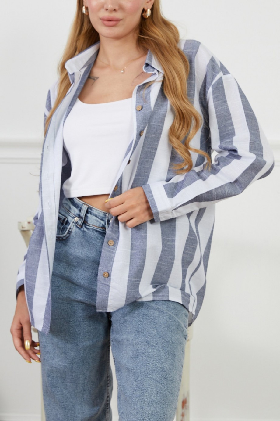 Çizgili Salaş Uzun Kol Gömlek  Gri