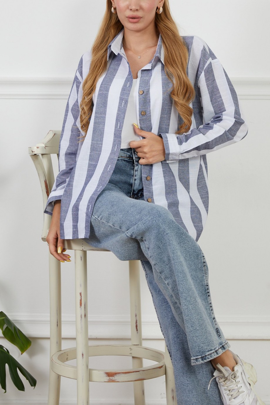 Çizgili Salaş Uzun Kol Gömlek  Gri