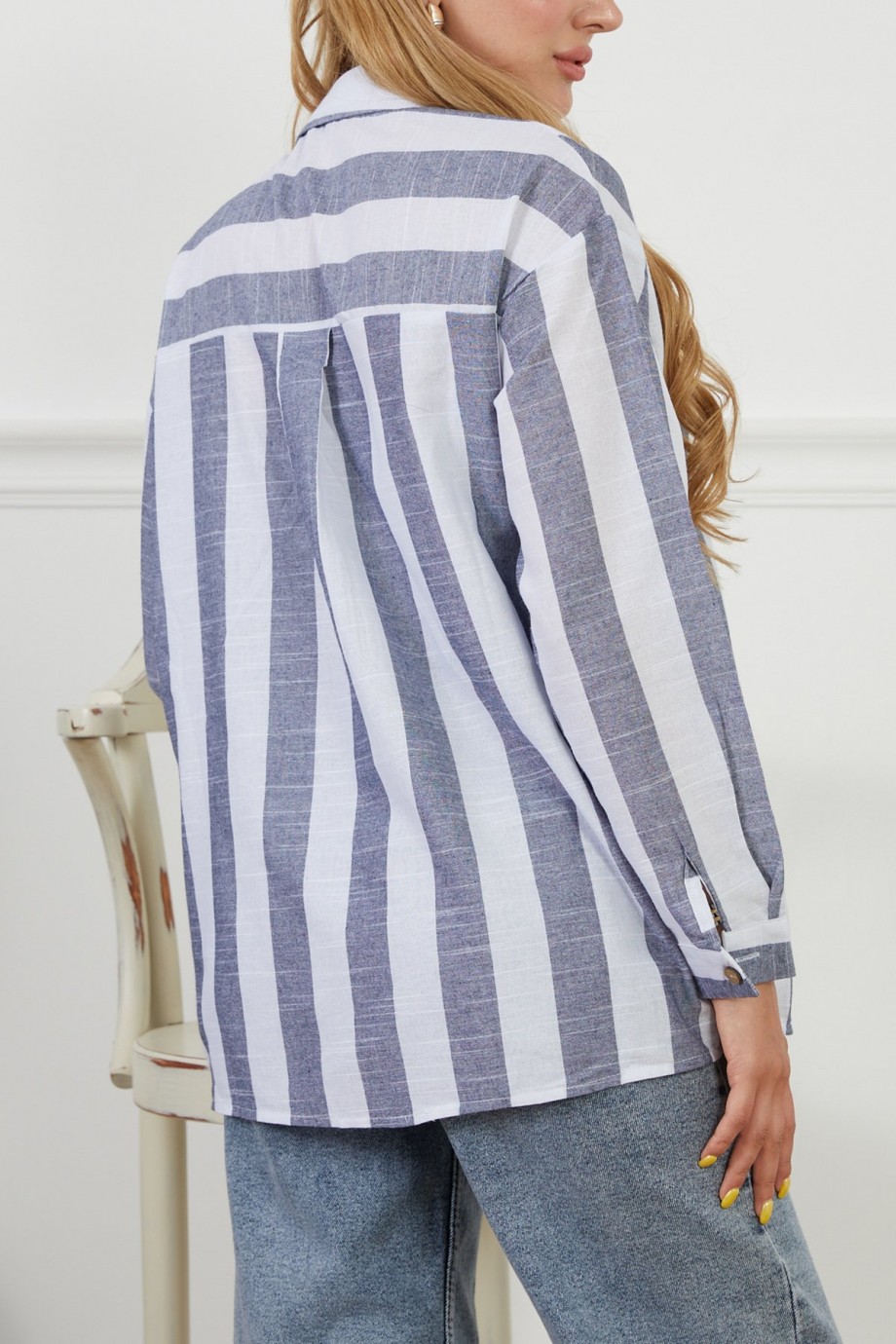 Çizgili Salaş Uzun Kol Gömlek  Gri