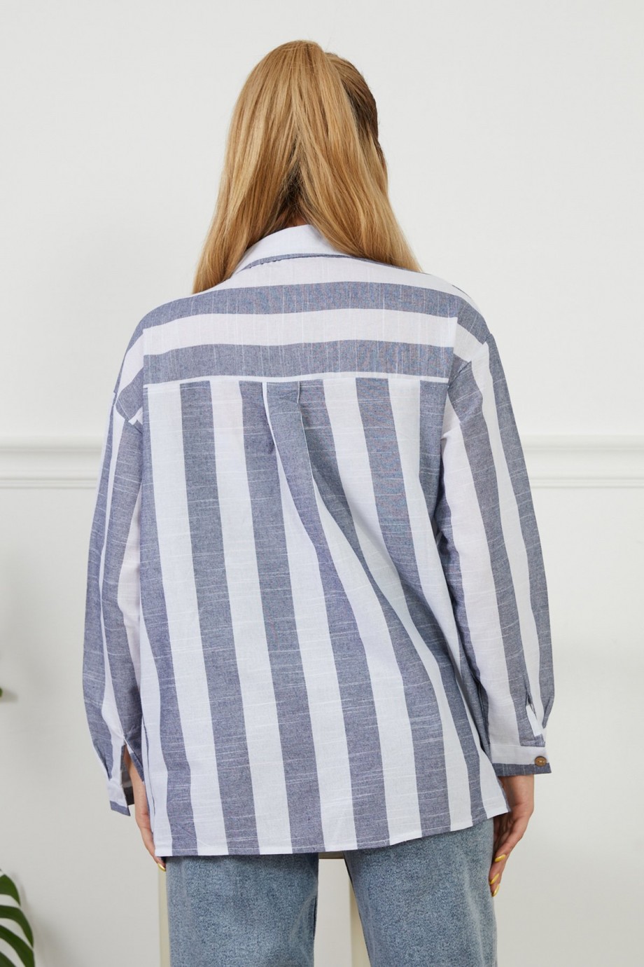 Çizgili Salaş Uzun Kol Gömlek  Gri