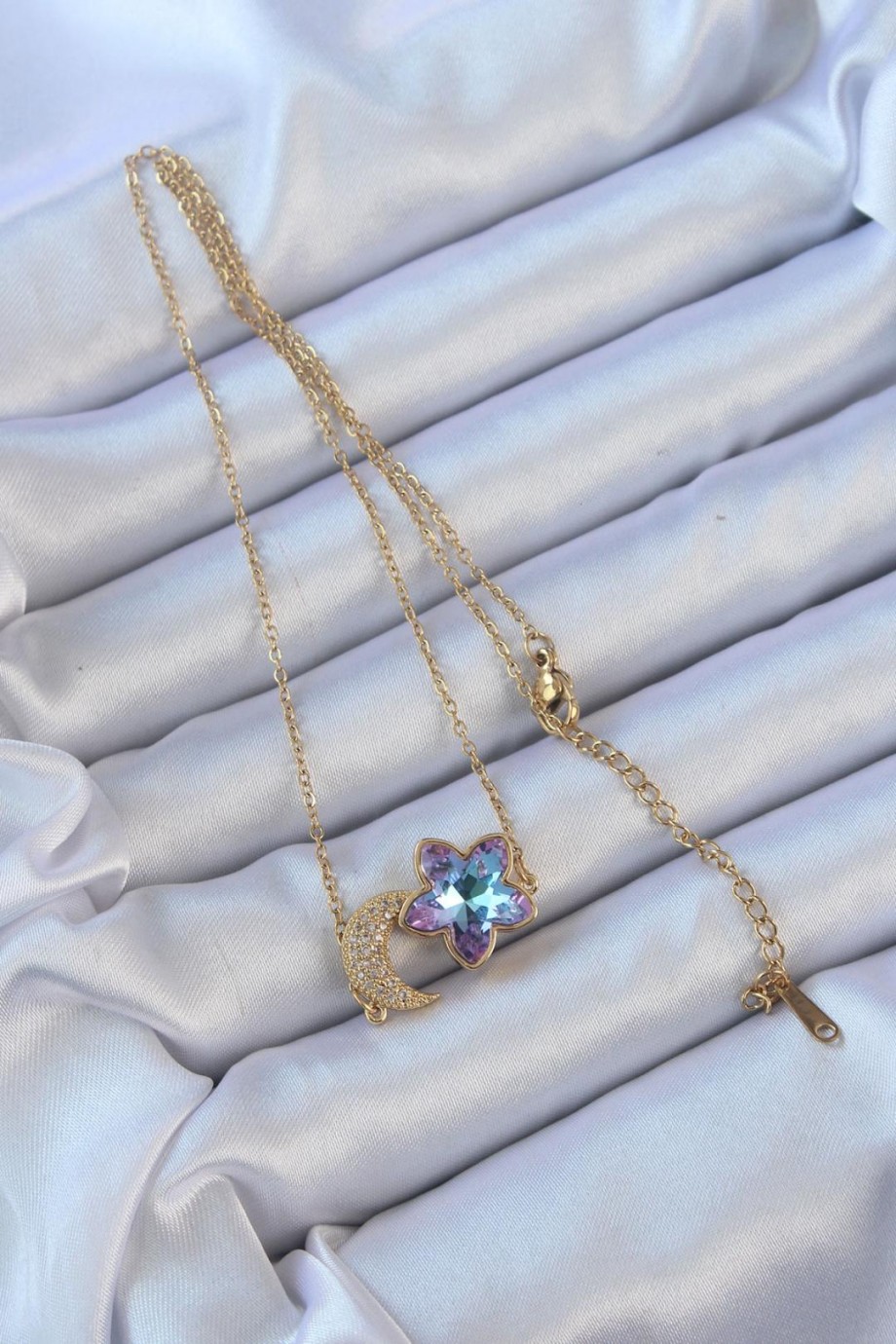 Ay&Çiçek Figürlü Kolye|Renkli Zirkon Taşlı – 316L Çelik Altın