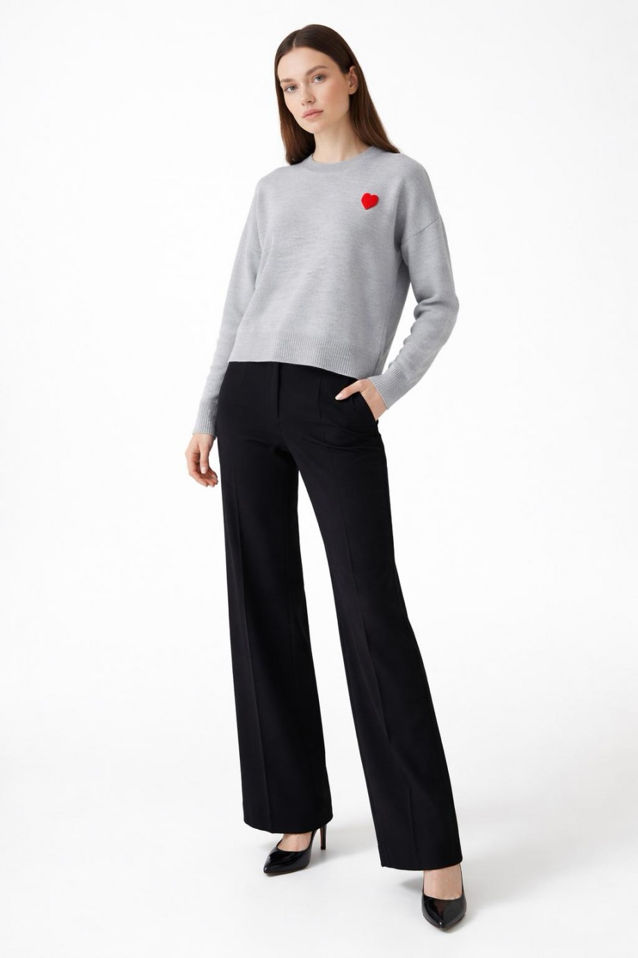 Bisiklet Yaka Triko Kazak Gri kırmızı