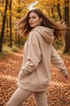 Üç İplik Şardonlu hoodie Sweatshirt Sütlü Kahve