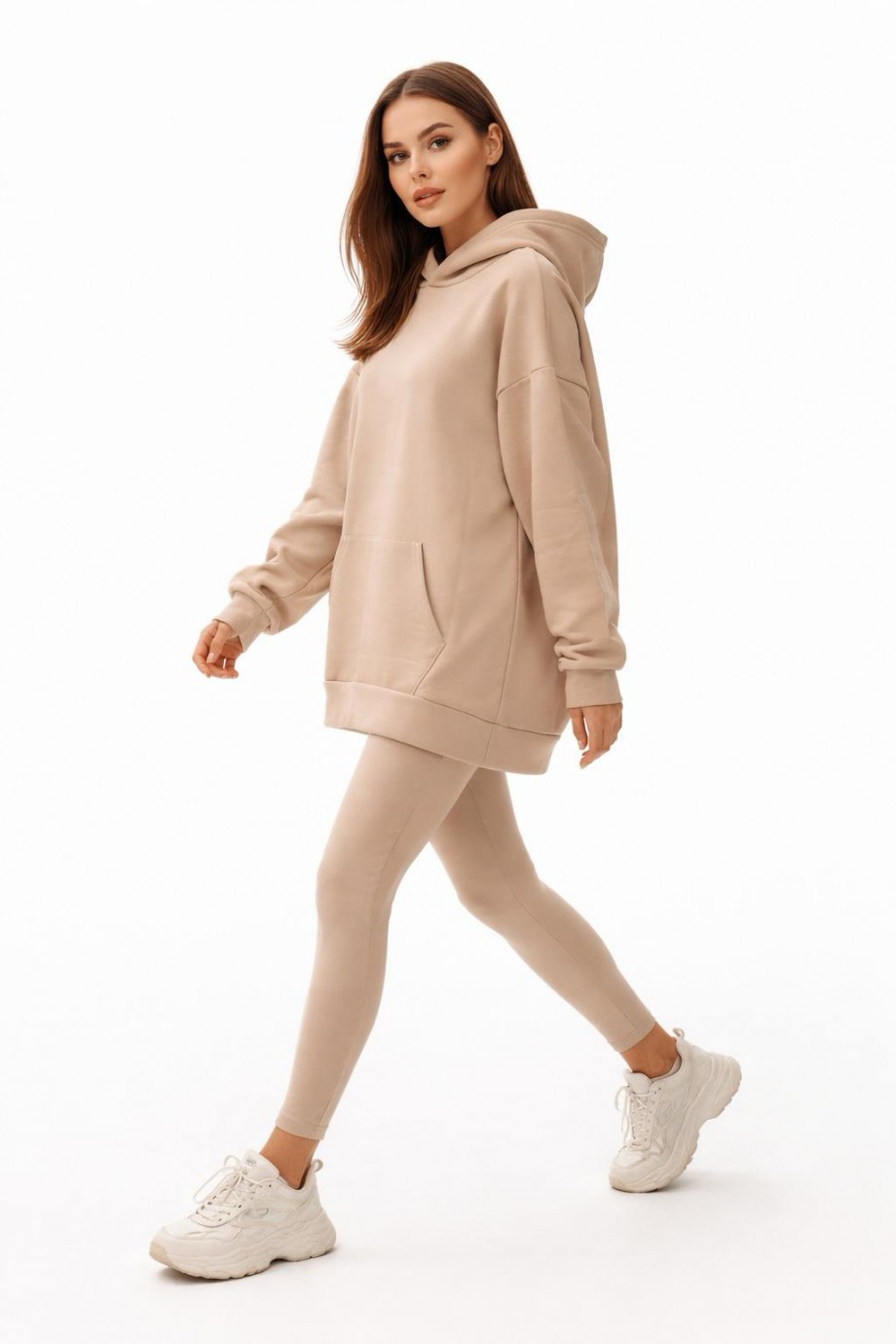 Üç İplik Şardonlu hoodie Sweatshirt Sütlü Kahve