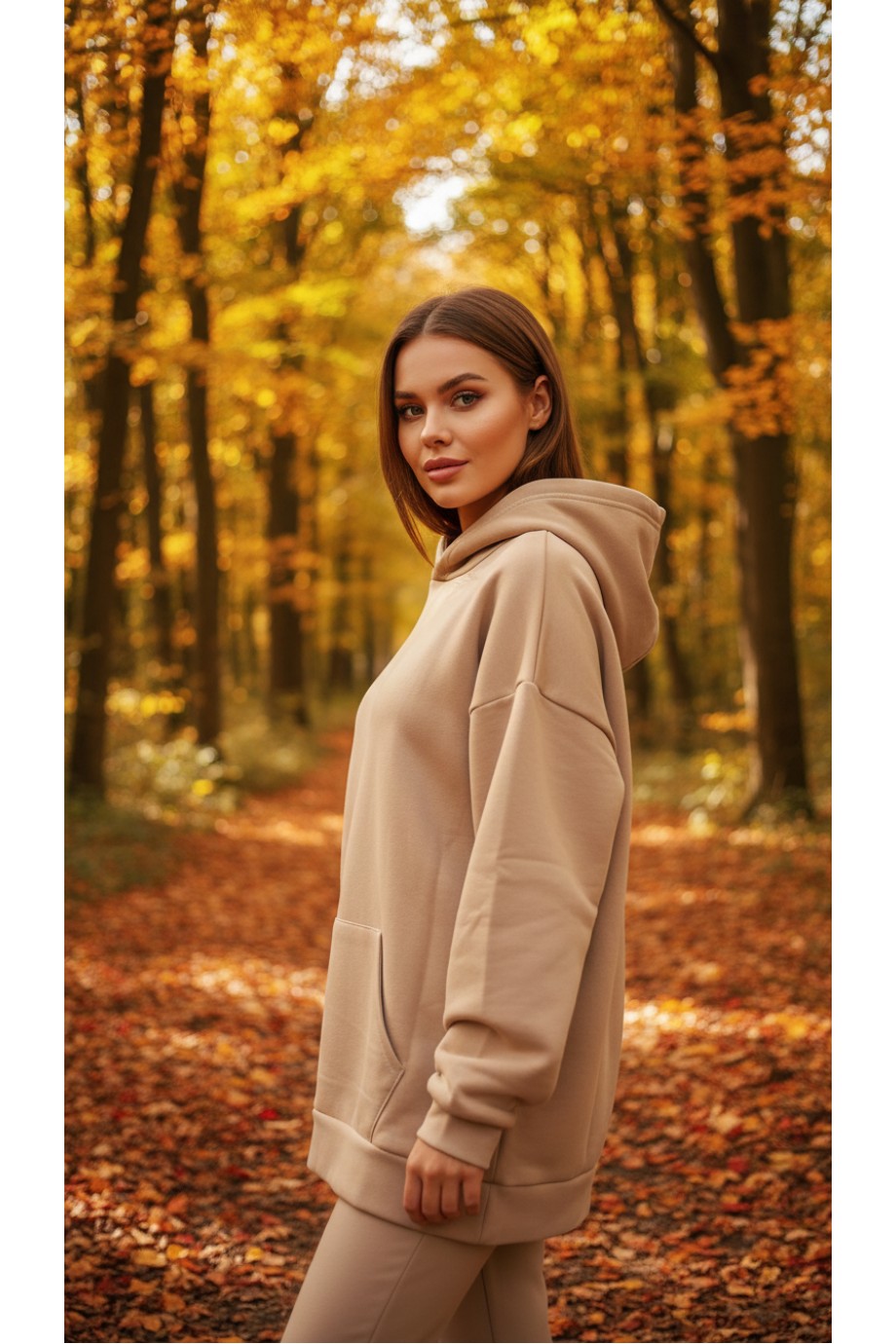 Üç İplik Şardonlu hoodie Sweatshirt Sütlü Kahve