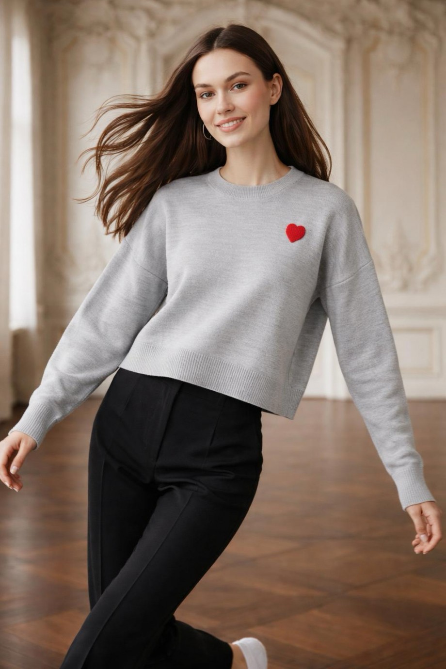 Bisiklet Yaka Triko Kazak Gri kırmızı