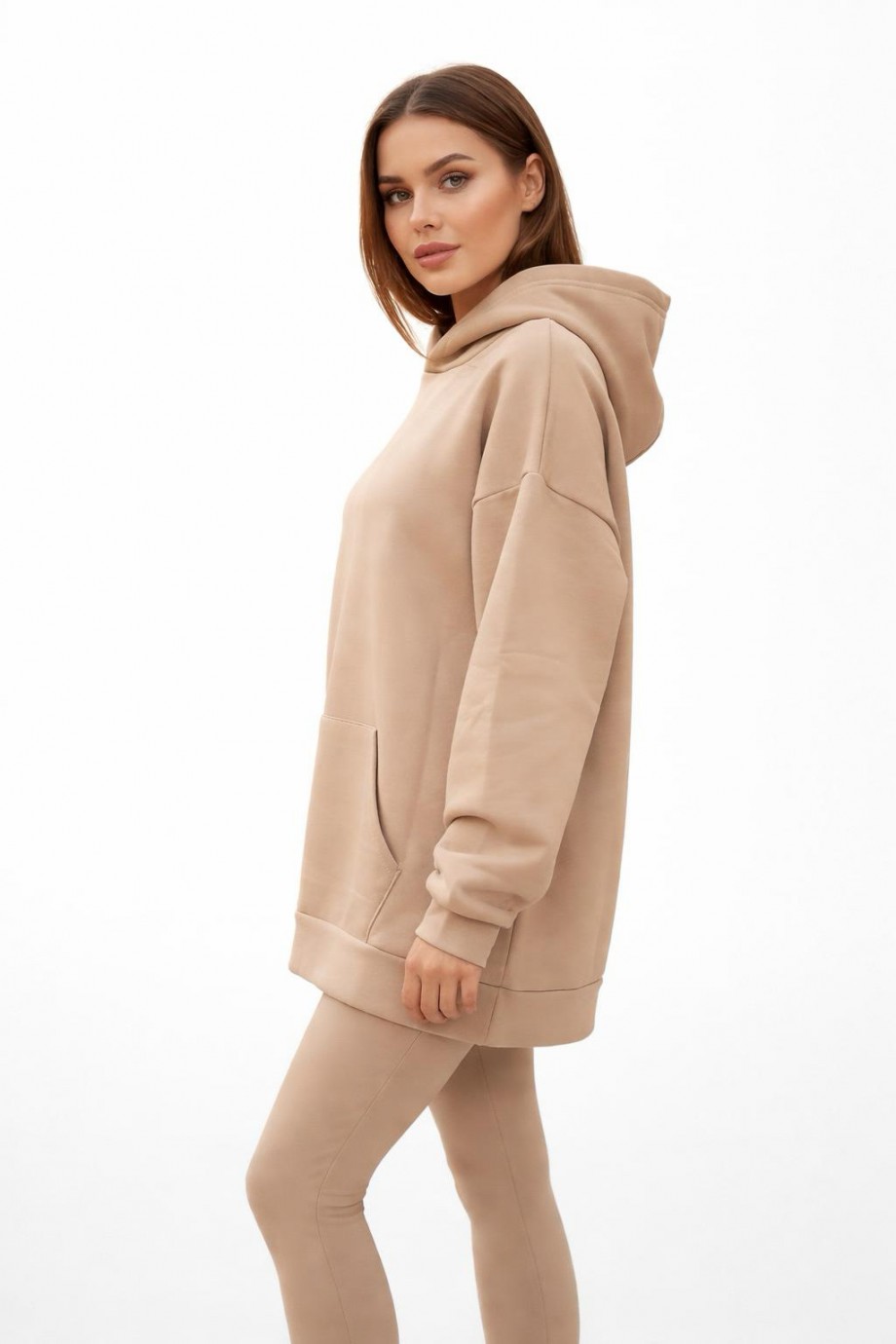 Üç İplik Şardonlu hoodie Sweatshirt Sütlü Kahve