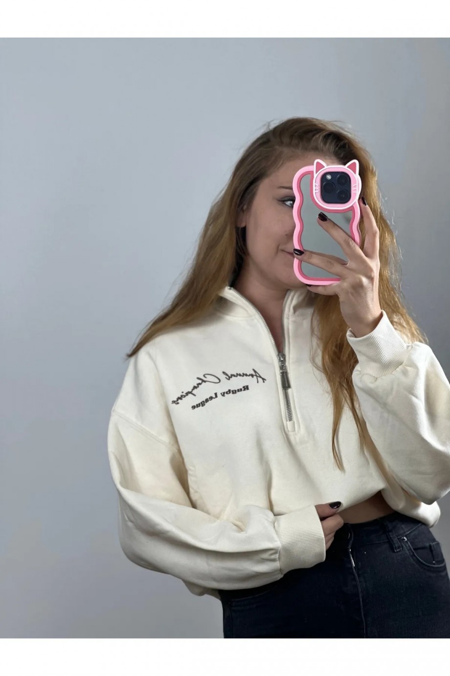 Dik Yaka Fermuarlı Crop Sweat