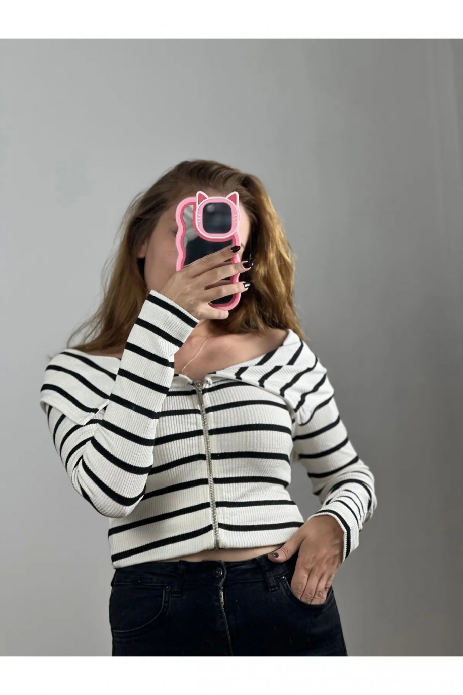 Fermuarlı Kayık Yaka Bluz Ekru