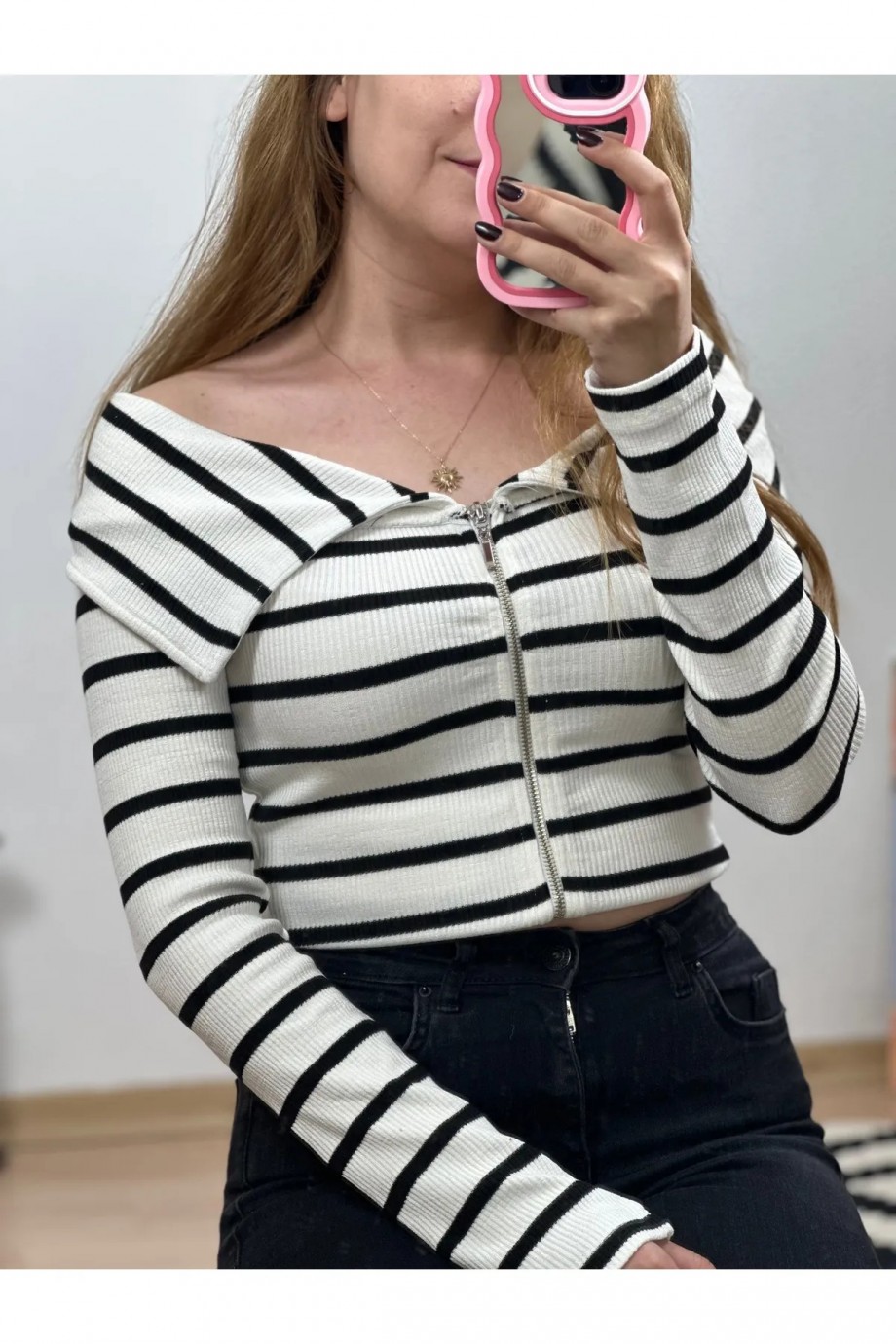 Fermuarlı Kayık Yaka Bluz Ekru