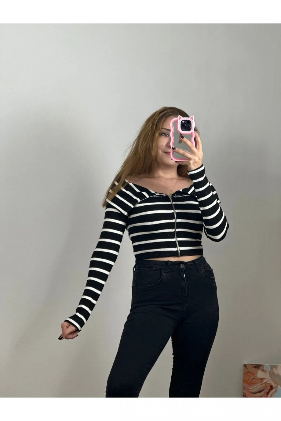 Fermuarlı Kayık Yaka Bluz Siyah