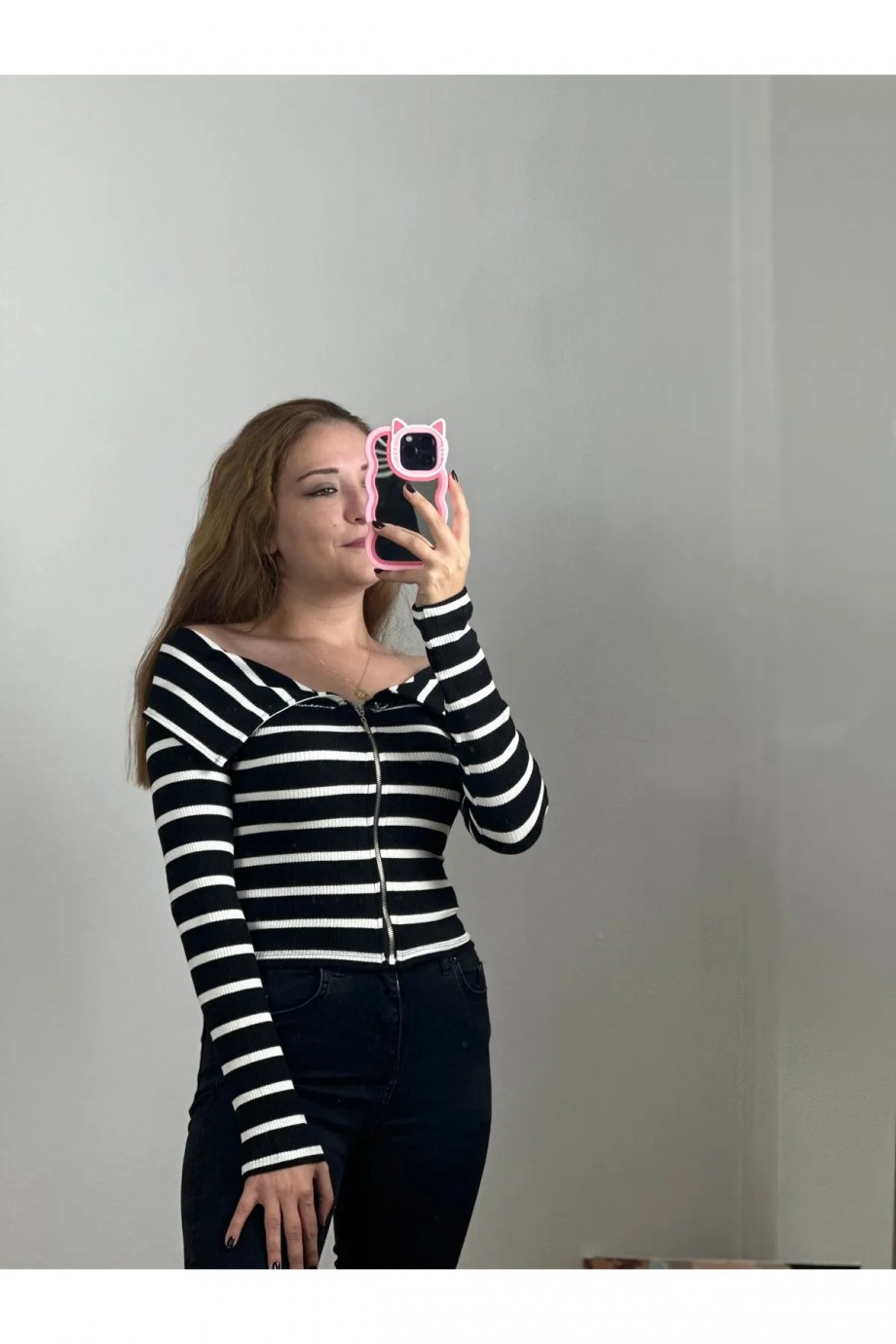 Fermuarlı Kayık Yaka Bluz Siyah