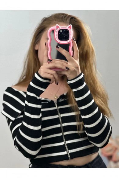 Fermuarlı Kayık Yaka Bluz Siyah