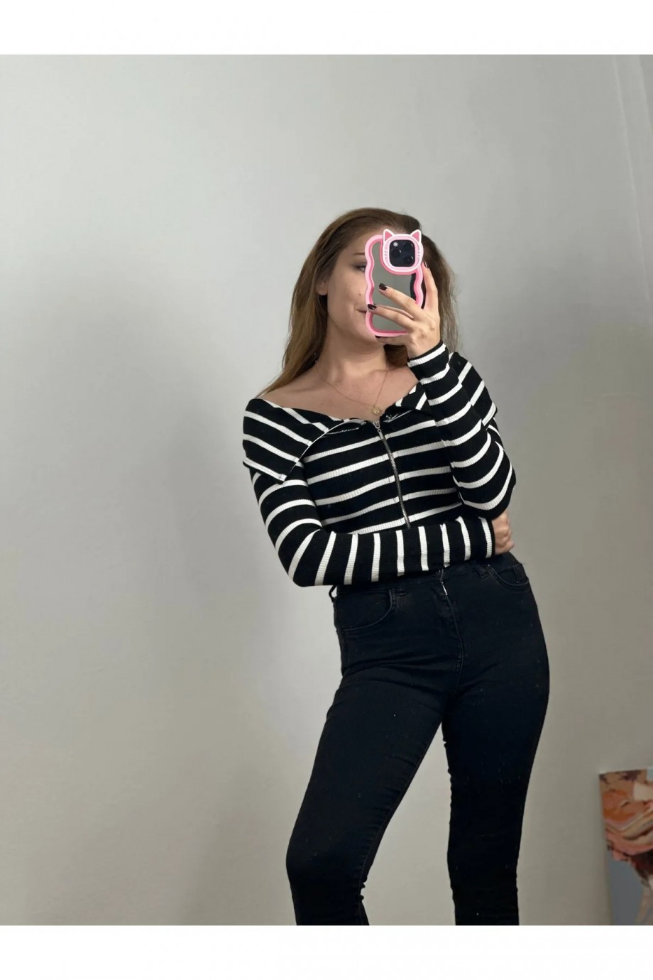 Fermuarlı Kayık Yaka Bluz Siyah