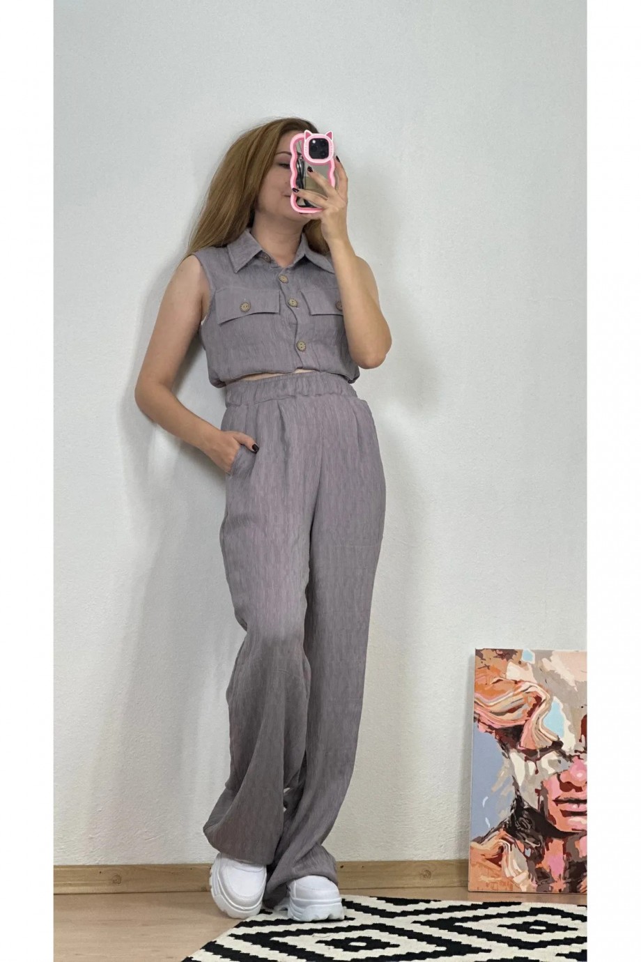 Gofre Takım Sıfır Kol Gri