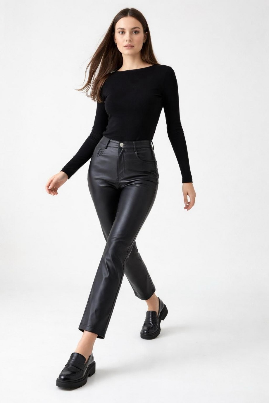 Suni Deri Yüksek Bel Cepli Pantolon Siyah