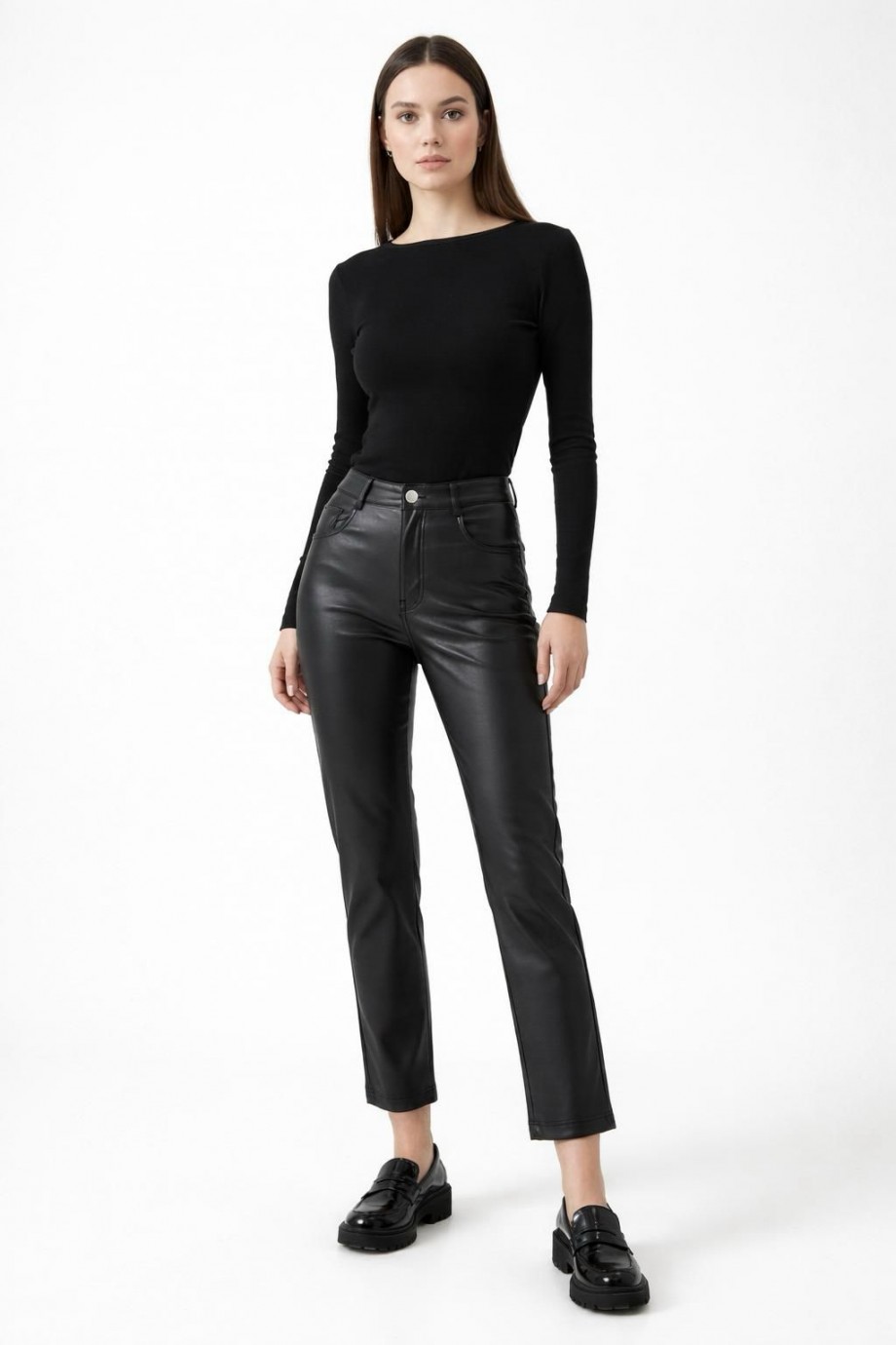 Suni Deri Yüksek Bel Cepli Pantolon Siyah