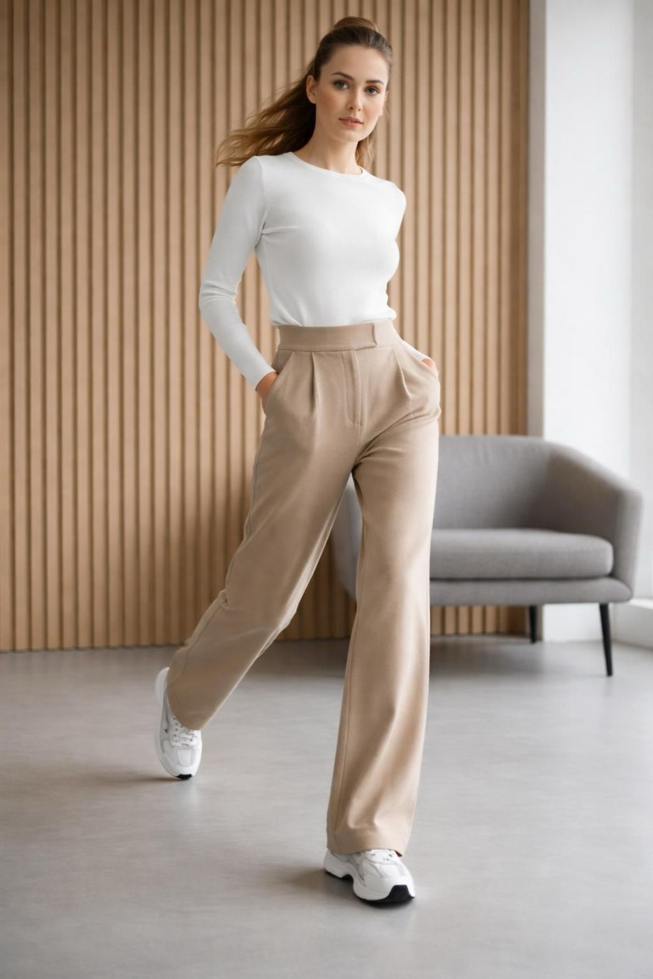 Palazzo Pantolon Likralı Cırt Kapama Bej