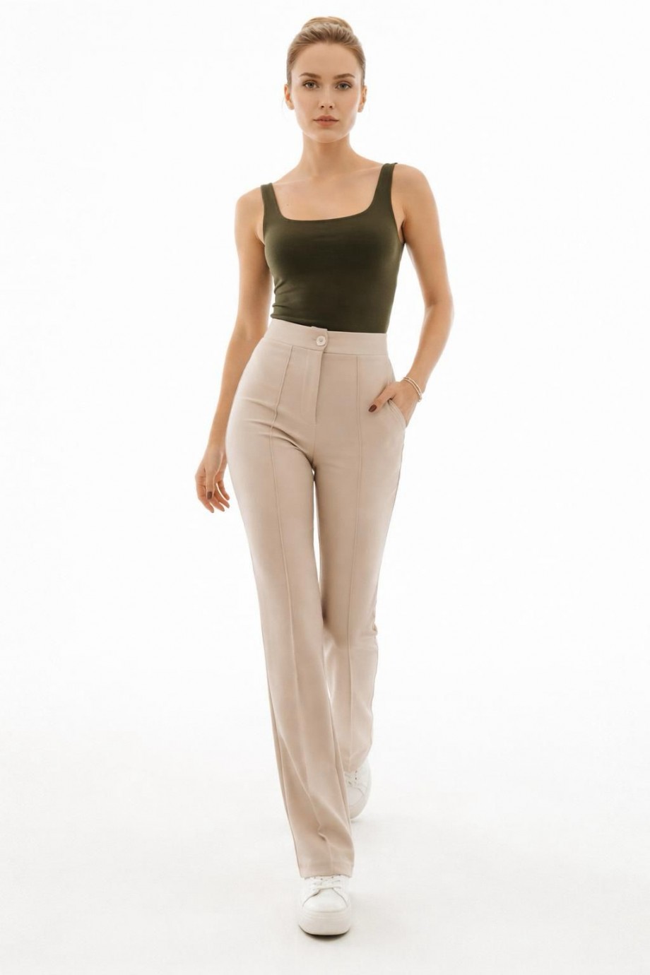 Straight Likralı Bej Pantolon