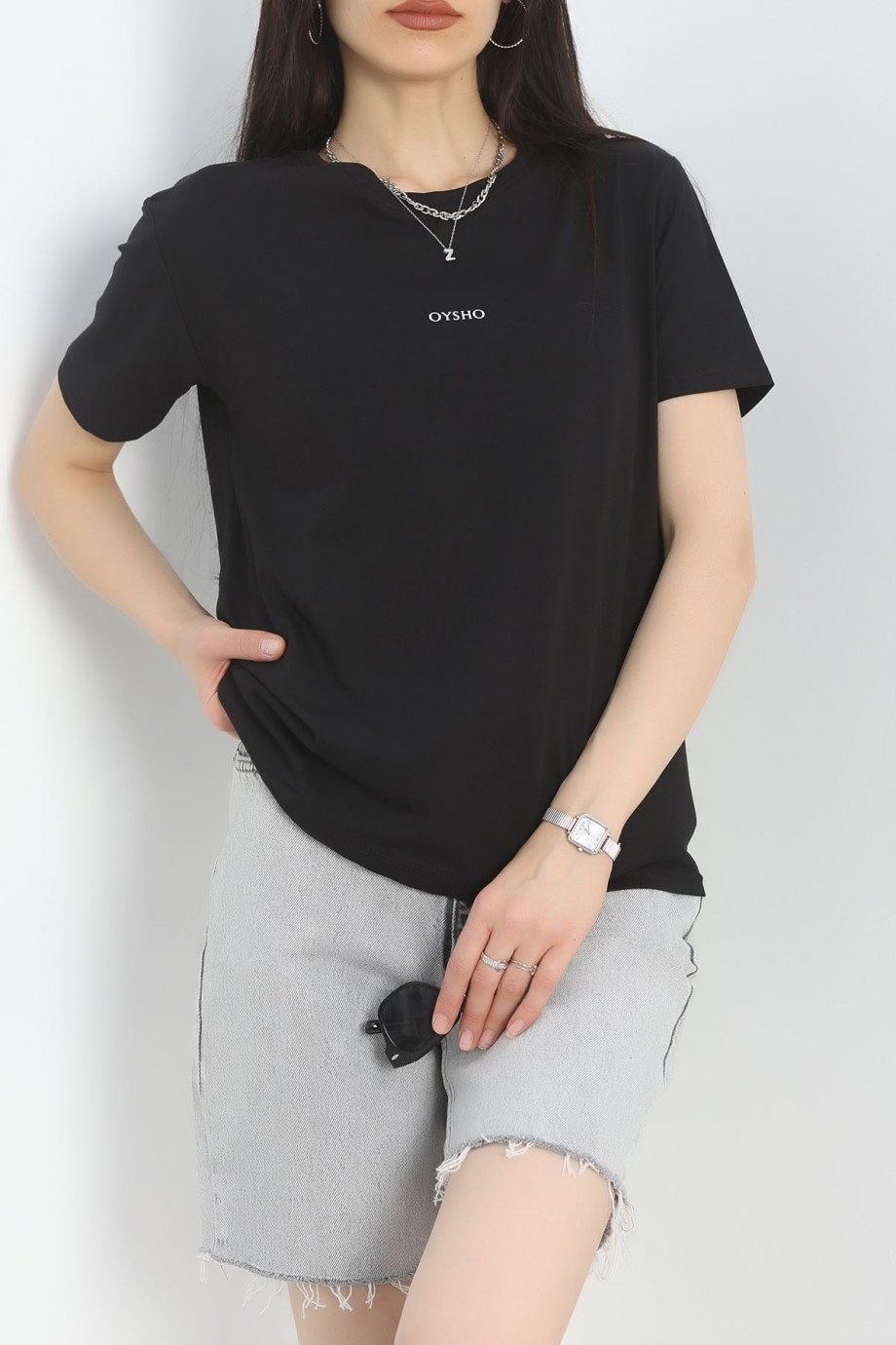 Baskılı Bisiklet Yaka Lüks Penye Tişört Siyah